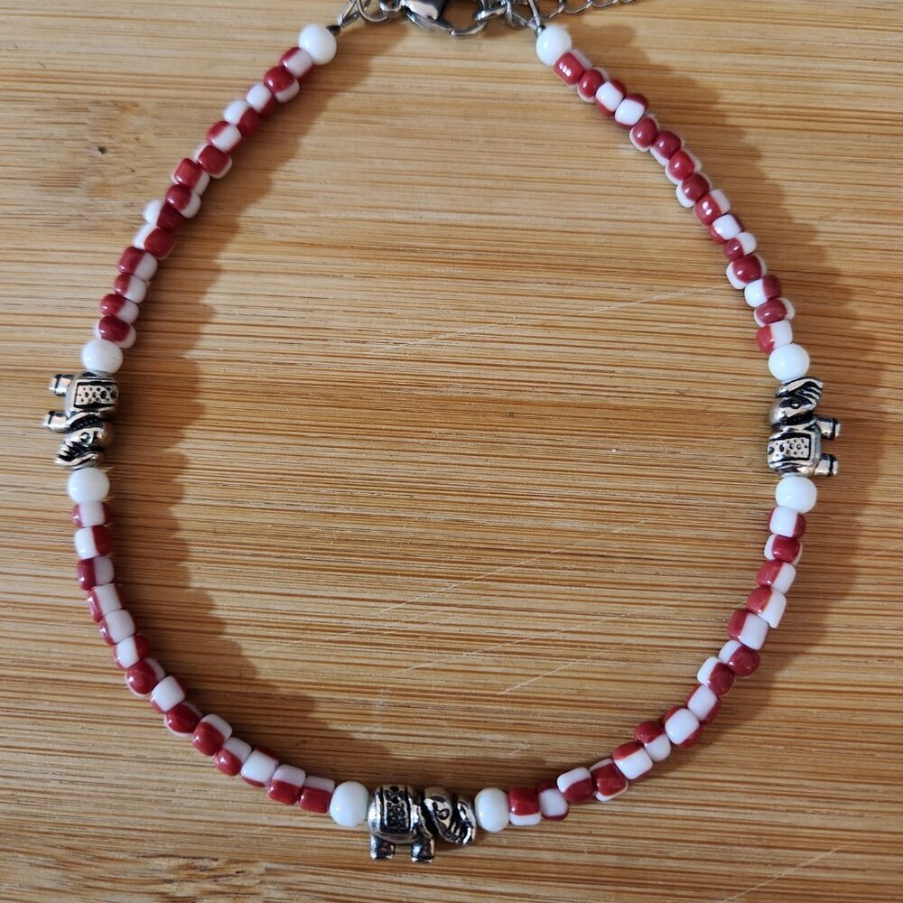 Hand Crafted Anklet Elephant Ankle Bracelet Beaded Red White Silver 12" Plus
